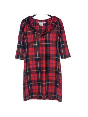 Gretchen Scott Plaidly Tartan Plaid Ruffle Collar Stretch Shift Dress LG Holiday